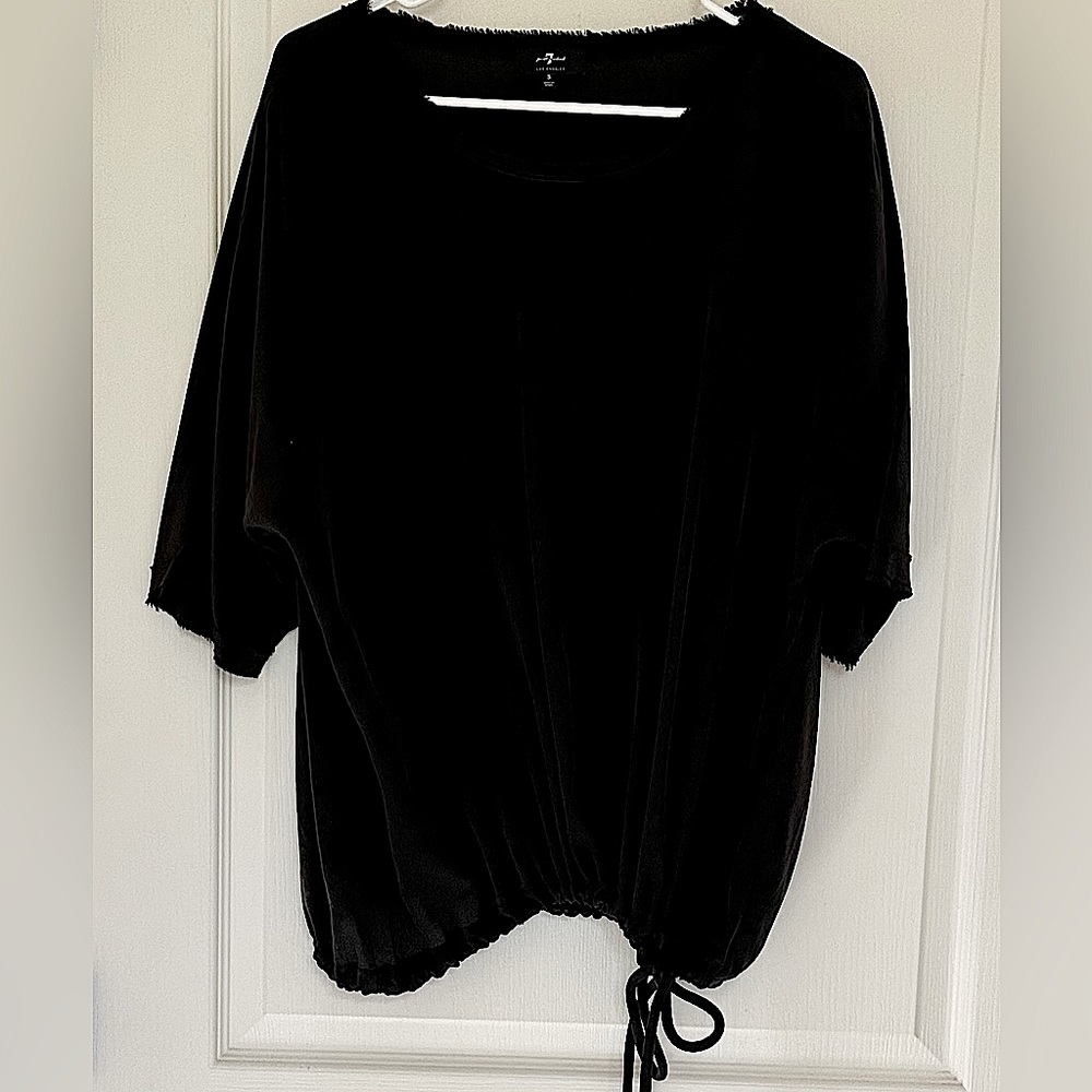7 for All Mankind 1/2 Sleeve Black Silk Raw Edge Boxy Top Drawstring Chunky Cord
